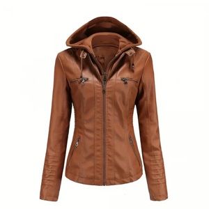 Private Label Cognac Faux Leather Jacket with Hood and Zipper - SZ M (6)